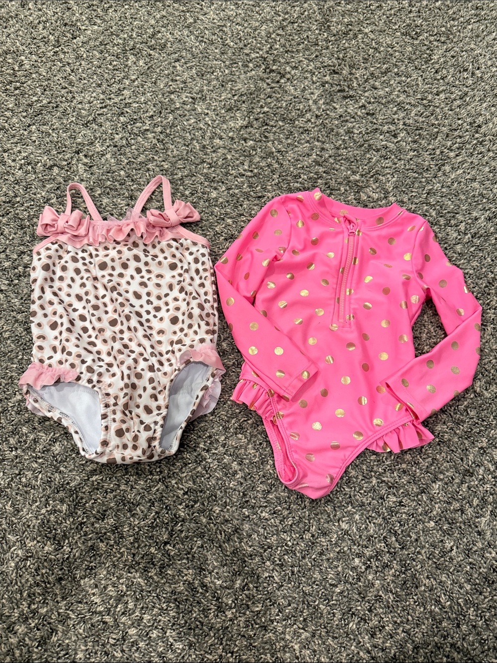 2t Pink Long-Sleeve One-Piece Swimsuit with Gold Polka Dots